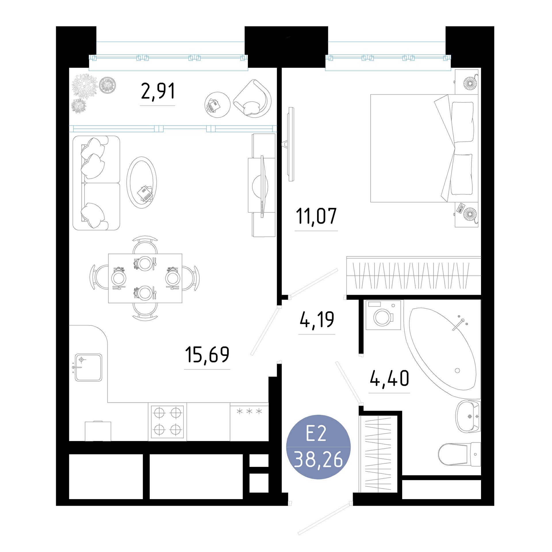 Квартира с одной спальней и гостиной 38м² (Евро-2)